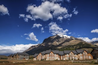 Log cabins at the entrance to Torres del Paine National Park, Patagonia, Chile, South America