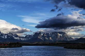 View over Lago Paine to the Cuernos and Torres del Paine, Torres del Paine National Park,