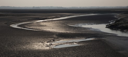 Mont-Saint-Michel, monastery hill, mudflats below the abbey at low tide, flood channel on the left,