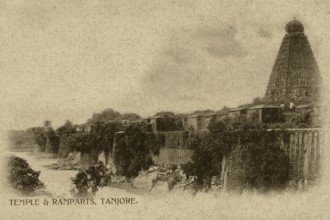 Heritage, old picture postcard, temple & Ramparts, World Heritage Site, Tanjore, Tamilnadu, India,