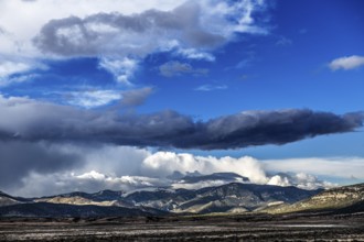 Wild thunderstorm and rain clouds on the Great Basin Highway US 93, between Ely and Baker, Nevada,