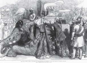 Royalty on Tour Royal visit Prince of Wales Mounting his Elephant at the Old Palace of Lushkur,