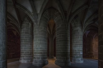 Mont-Saint-Michel, monastery mountain, crypt of the massive columns built in the middle of the 15th