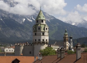 Austrian Hall in Tyrol. Mint tower built at the end of the 15th century. Tower of Hasegg Castle and