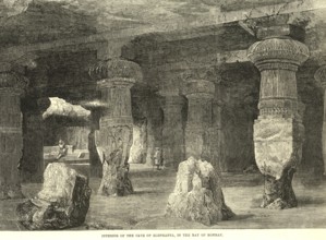 Interior of the cave of Elephanta Gharapuri, in the bay of Bombay now Mumbai, Maharashtra, India,