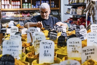 Seller, spices, shop, oriental spice trade in Noailles, Marseille, France, Europe