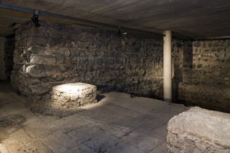 Excavation in the basement, Roman floor and basalt masonry, St., Sankt, Saint