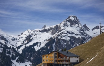 Landscape with large house in the foreground, Bregenzerwald, Vorarlberg, Austria, Europe