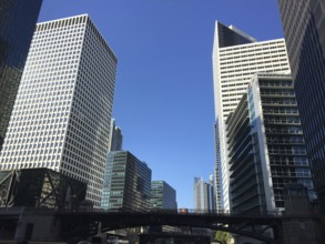 Towering modern skyscrapers in an urban environment against a clear blue sky, chicago, illinois,