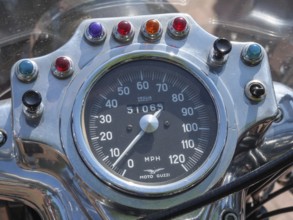 Retro motorbike speedometer with coloured lights and speed display in MPH, Appelhülsen,