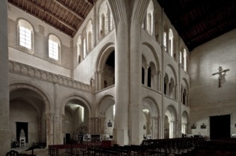 Cerisy-la-Forêt, Normandy, abbey church interior facing south-west with 18th century transept