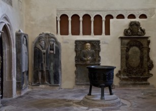 North transept, remains of the former choir screen, baptismal font and epitaphs, St., Sankt, Saint