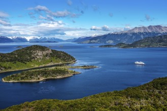 Cruise ship Ventus Australis in Wulaia Bay, Beagle Street, Ushuaia, Tierra del Fuego, Patagonia,