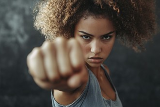 Young black woman making a fist in anger or defiance. Generative ai, AI generated