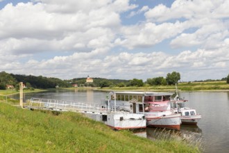 Elbe with ships at the Niederlommatzsch jetty, Althirschstein Castle in the background,