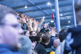 Cheering fans in a sports arena celebrating the moment in the stands, Heilbronner Falken Vs