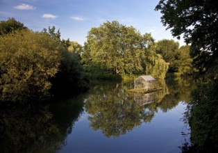 The River Lippe at Laumannshügel with the artwork Arche by Christoph Hildebrand, Lippstadt, North