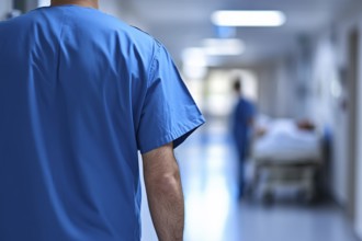 Close up of back view of male nurse in blue scrub in hospital corridor. Generative AI, AI generated