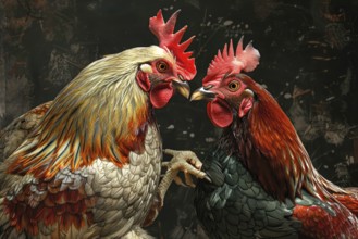 Surrealist representation of two cocks, AI generated