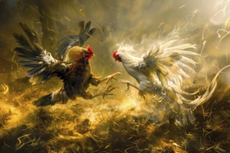 Surrealist representation of a cock fighting, AI generated