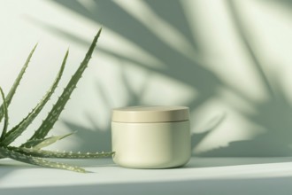 Pot of face cream with Aloe Vera plant. Generative AI, AI generated