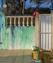 Colour coating on the property wall, Cala Rajada, Majorca, Spain, Europe