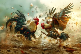 Surrealist representation of a cock fighting, AI generated