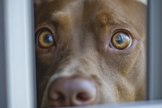 Close up of scared dogwith separation anxiety looking out of window. Generative Ai, AI generated