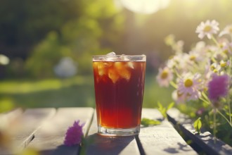 Drinking glass of iced tea on table in garden white summer flowers. Generetiave AI, AI generated