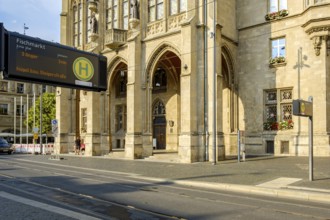 Tram stop Fischmarkt and town hall in the historic city centre of Erfurt, Thuringia, Germany, for