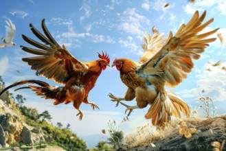 Surrealist representation of a cock fighting, AI generated