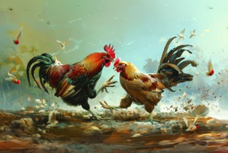 Surrealist representation of a cock fighting, AI generated