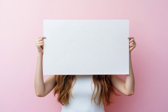 White empty sign being held by woman in front of pastel pink studio background. Generative AI, AI