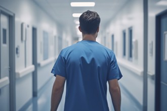 Back view of male nurse in blue scrub in hospital room. Generative AI, AI generated