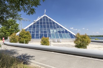 Glass pyramid as a snack bar at Lake Dreiweibern in Lohsa, Lusatian Lakeland, Saxony, Germany,