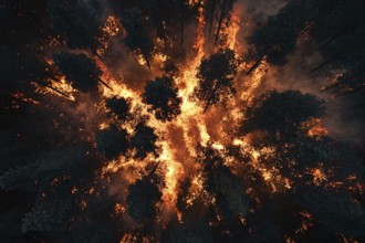 Top view of burning forest at night. Generative AI, AI generated