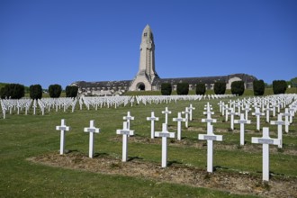 Cemetery of soldiers killed in the First World War, in the background the ossuary of Douaumont,