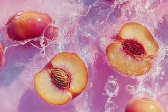 Halves of a peach fruits with kernels floating in water. Generative Ai, AI generated