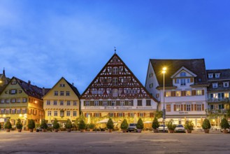 Market square with half-timbered building Kielmeyerhaus at dusk, Esslingen am Neckar,