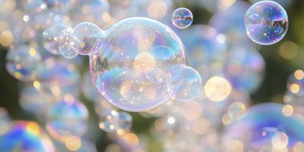 Colorful soap bubbles floating in air in sunlight. Generative AI, AI generated