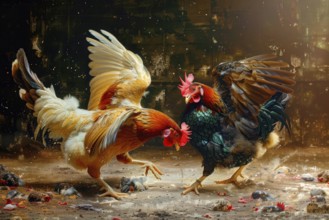 Surrealist representation of a cock fighting, AI generated