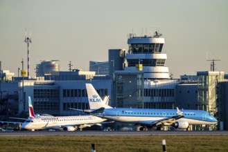 KLM Cityhopper aircraft on the taxiway, apron of Düsseldorf International Airport, old air traffic