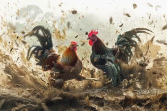 Surrealist representation of a cock fighting, AI generated