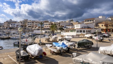 Boats and motor yachts in the small harbour of Cala Rajada, Majorca, Spain, Europe