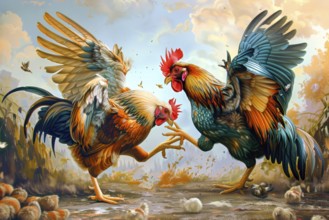 Surrealist representation of a cock fighting, AI generated