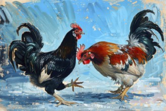 Surrealist representation of two cocks, AI generated