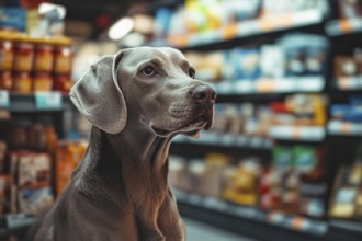 Large dog in supermarket with shelves of food on blurry background. Generative AI, AI generated