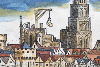 Cathedral and cathedral building, medieval city view, Cologne or Colonia, old coloured woodcut