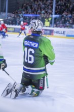 An ice hockey player kneels on the ice in a green jersey during a game, Heilbronner Falken Vs