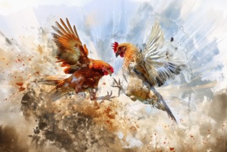 Surrealist representation of a cock fighting, AI generated